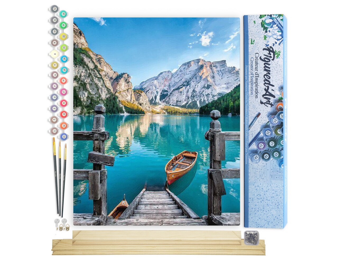 Figured'Art Paint by Numbers Kit for Adults Boat on the Mountain Lake 16"x20" - Craft Art Painting Rolled Canvas with DIY wooden frame